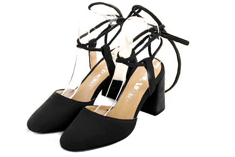 Matt black women's open back shoes, with crossed straps. Round toe. High flare heels. Front view - Florence KOOIJMAN